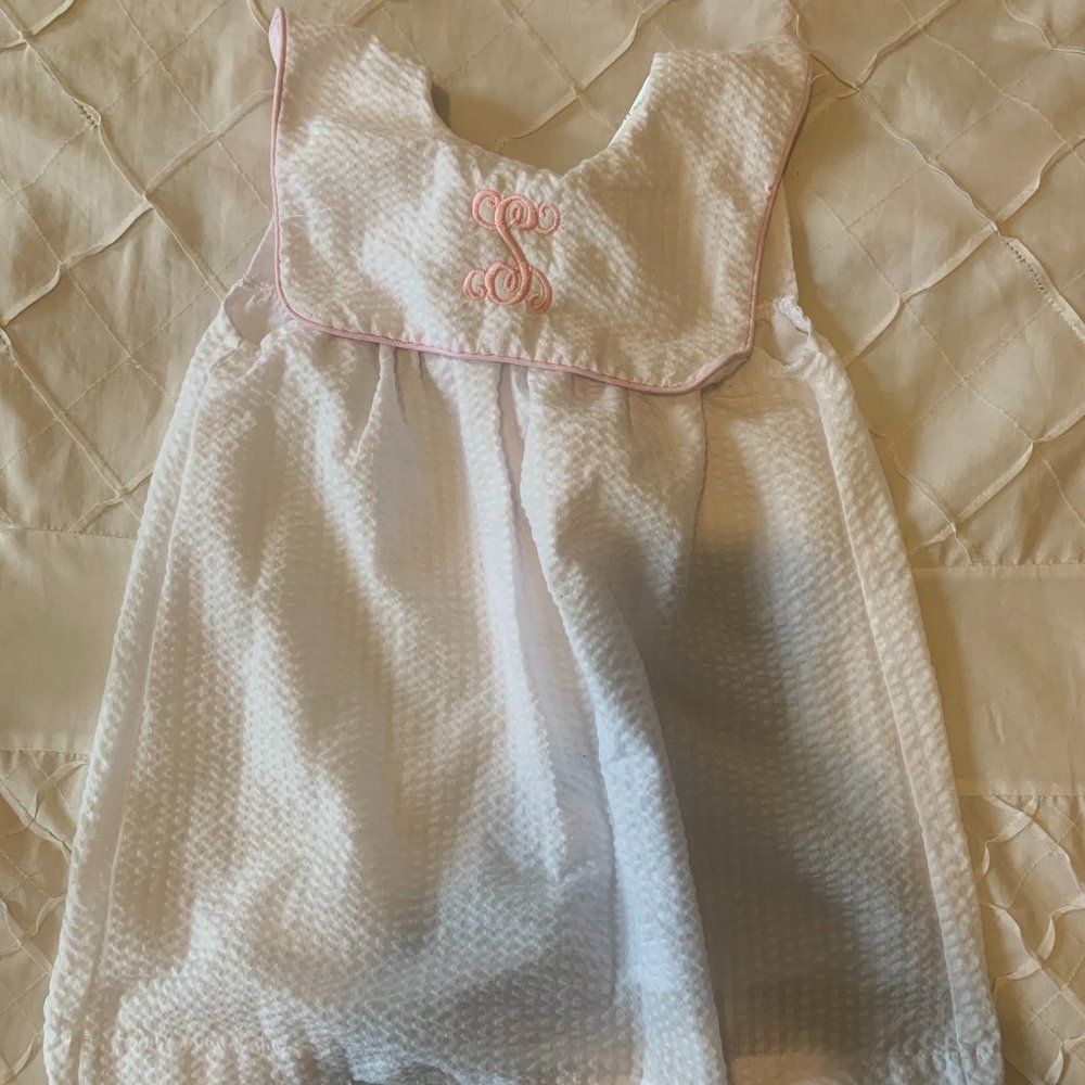 "S" Monogram white seersucker dress Cecil and Lou